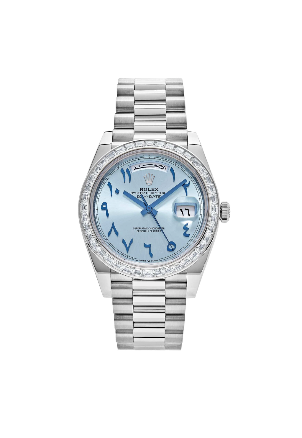Rolex Day-Date 40 228396TBR Platinum Ice Blue Arabic Dial Diamond Bezel