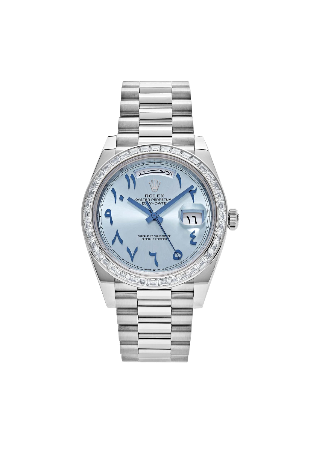 Rolex Day-Date 40 228396TBR Platinum Ice Blue Arabic Dial Diamond Bezel