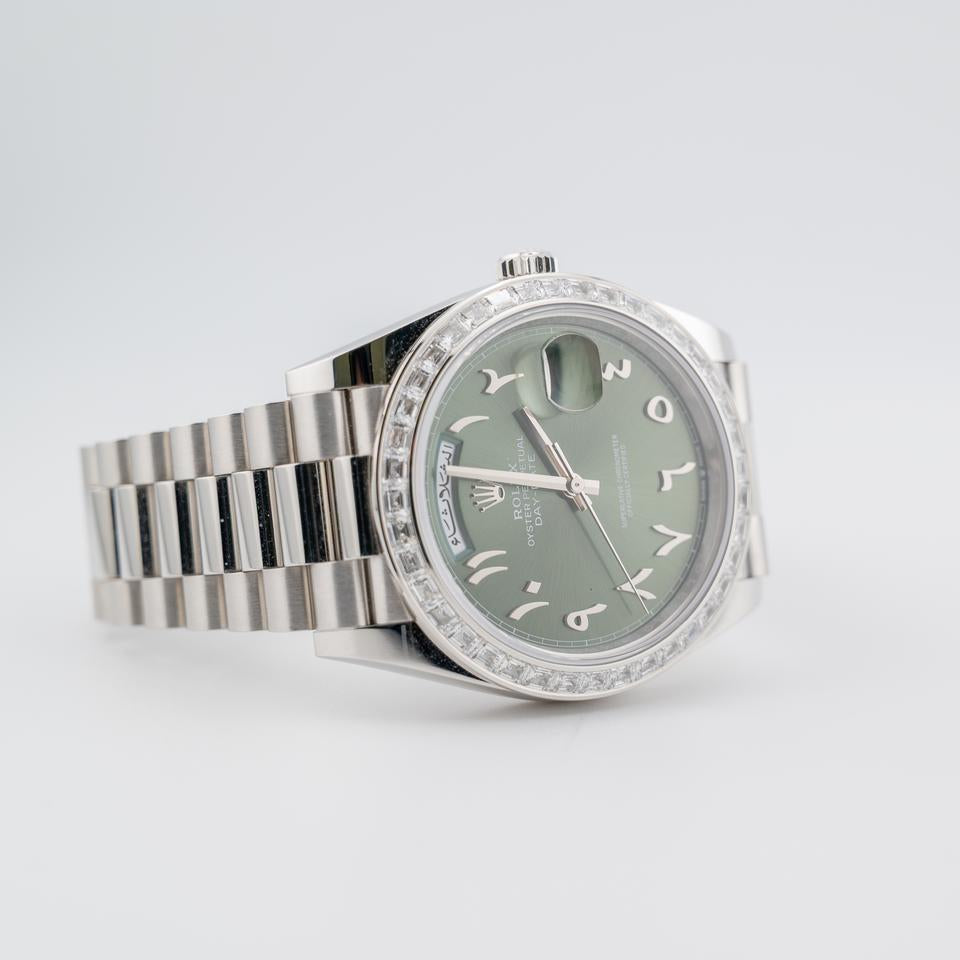 Rolex Day-Date 40
Platinum Olive Green Arabic Dial Diamond Bezel