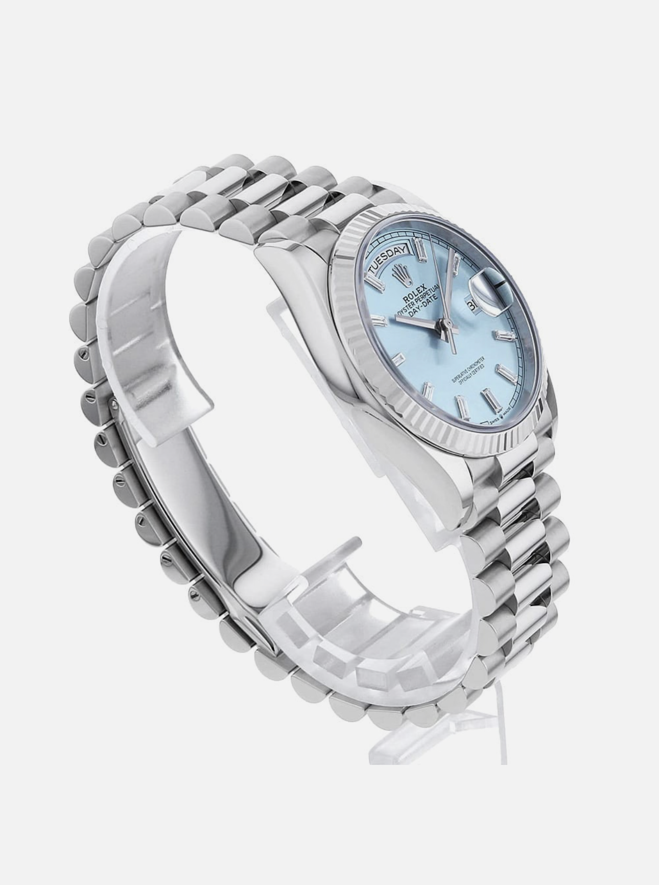 Rolex Day-Date 40 228396TBR Platinum Ice Blue Dial Baguette Bezel