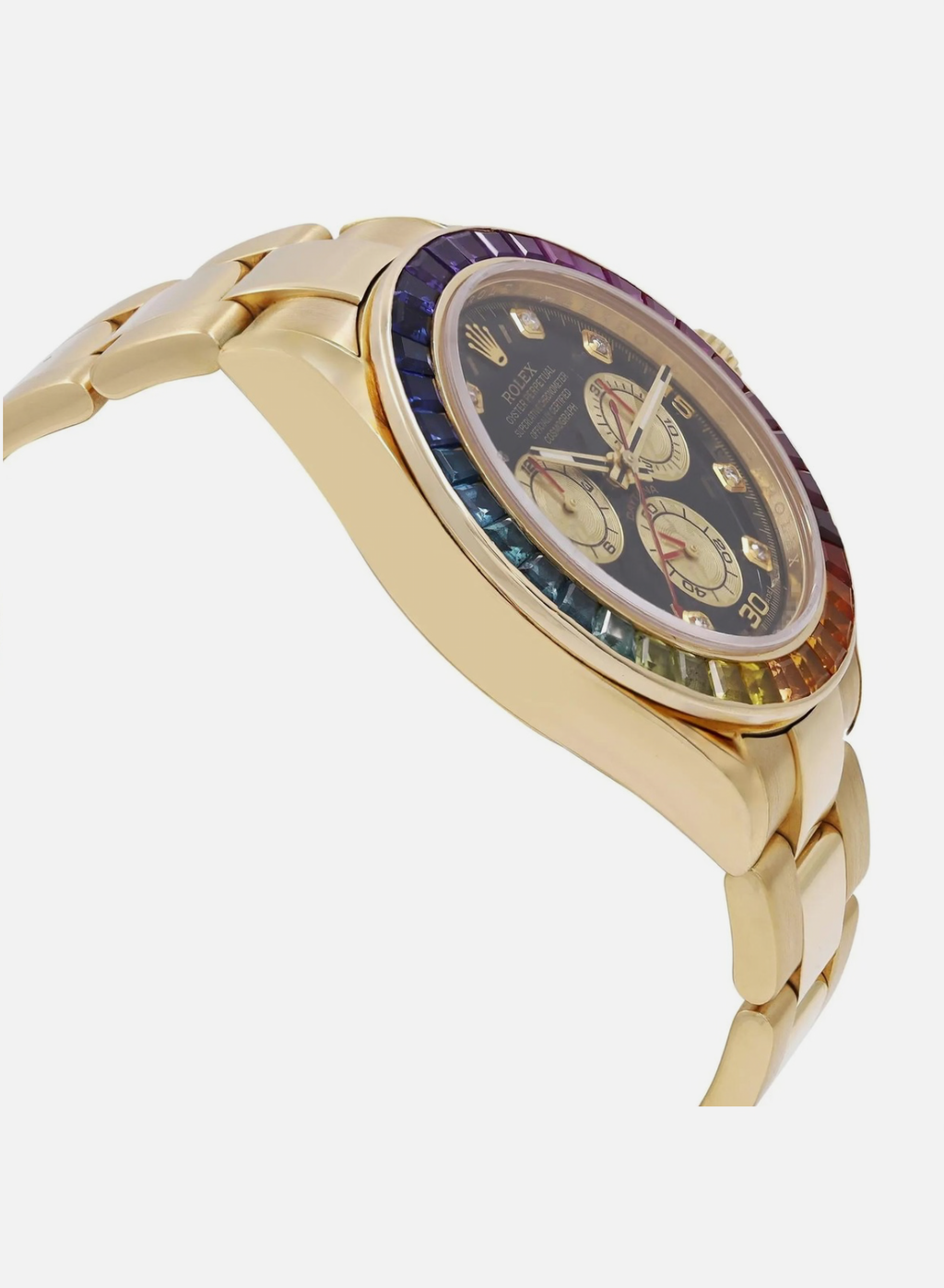 Rolex Daytona 18k Yellow Gold Rainbow Custom Bezel Black Dial 116528