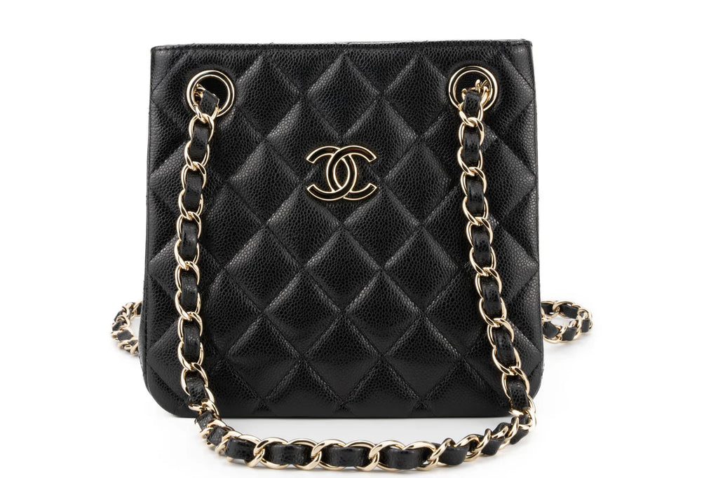 Chanel Drawstring Bag Caviar Black Champagne
