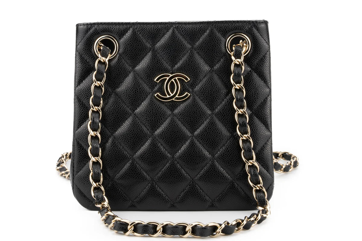 Chanel Drawstring Bag Caviar Black Champagne