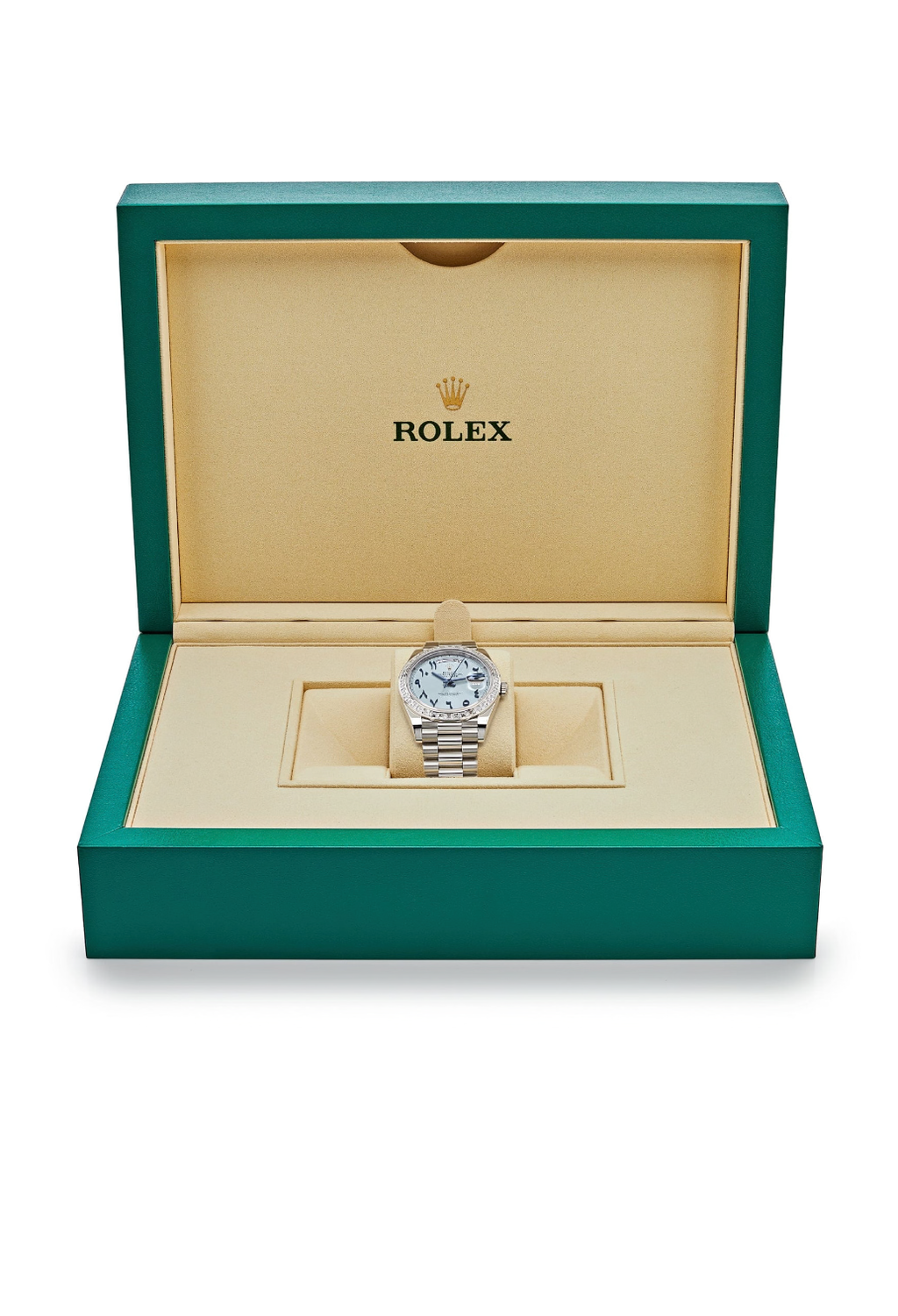 Rolex Day-Date 40 228396TBR Platinum Ice Blue Arabic Dial Diamond Bezel