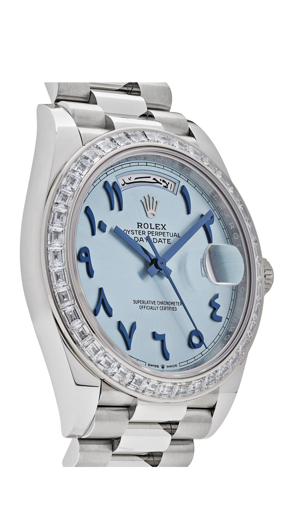 Rolex Day-Date 40 228396TBR Platinum Ice Blue Arabic Dial Diamond Bezel