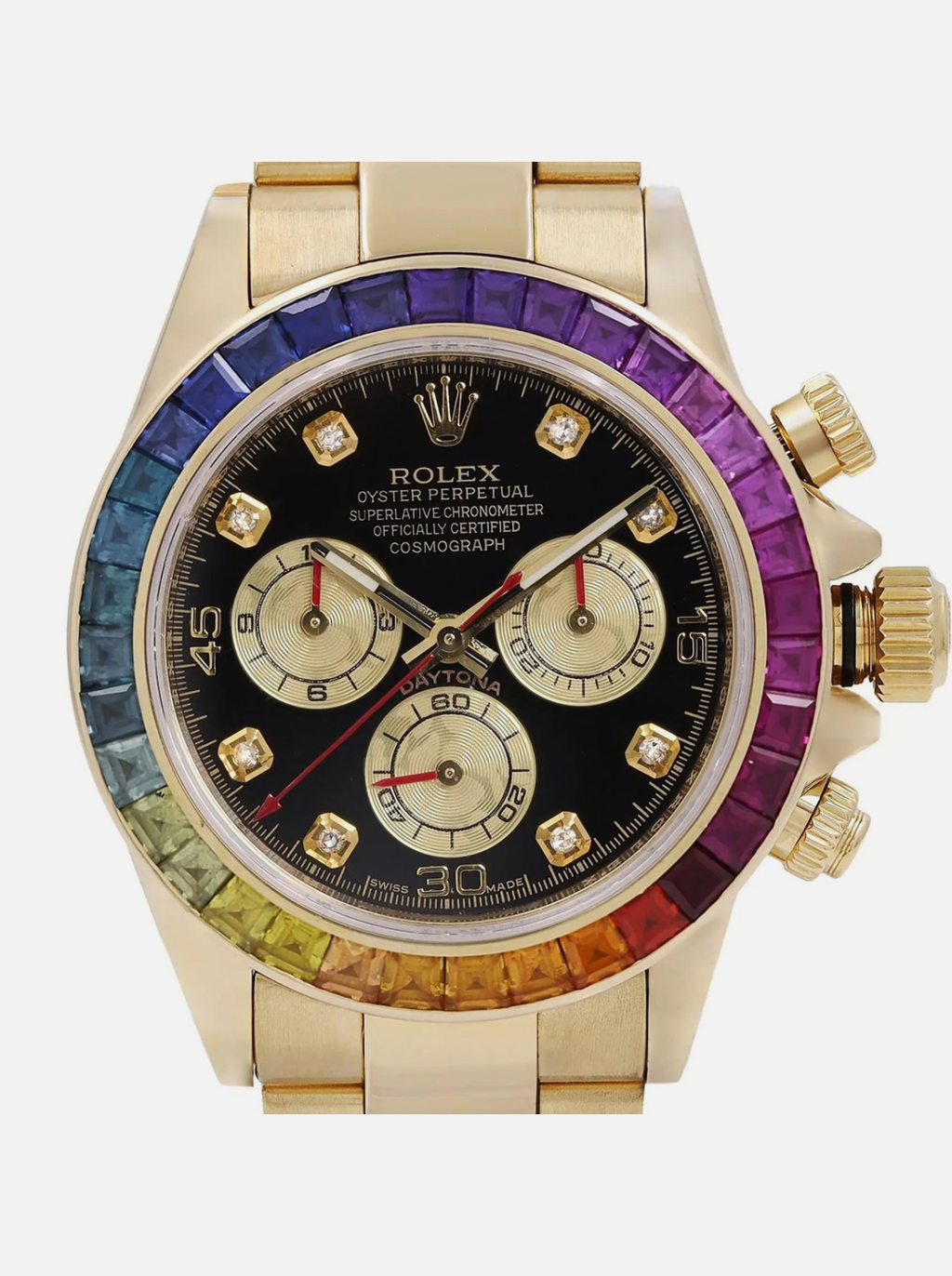 Rolex Daytona 18k Yellow Gold Rainbow Custom Bezel Black Dial 116528