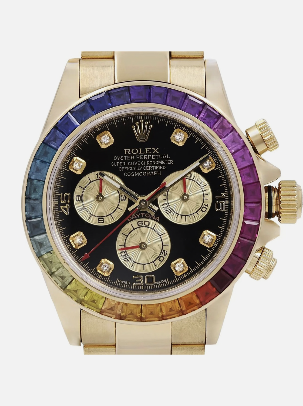 Rolex Daytona 18k Yellow Gold Rainbow Custom Bezel Black Dial 116528