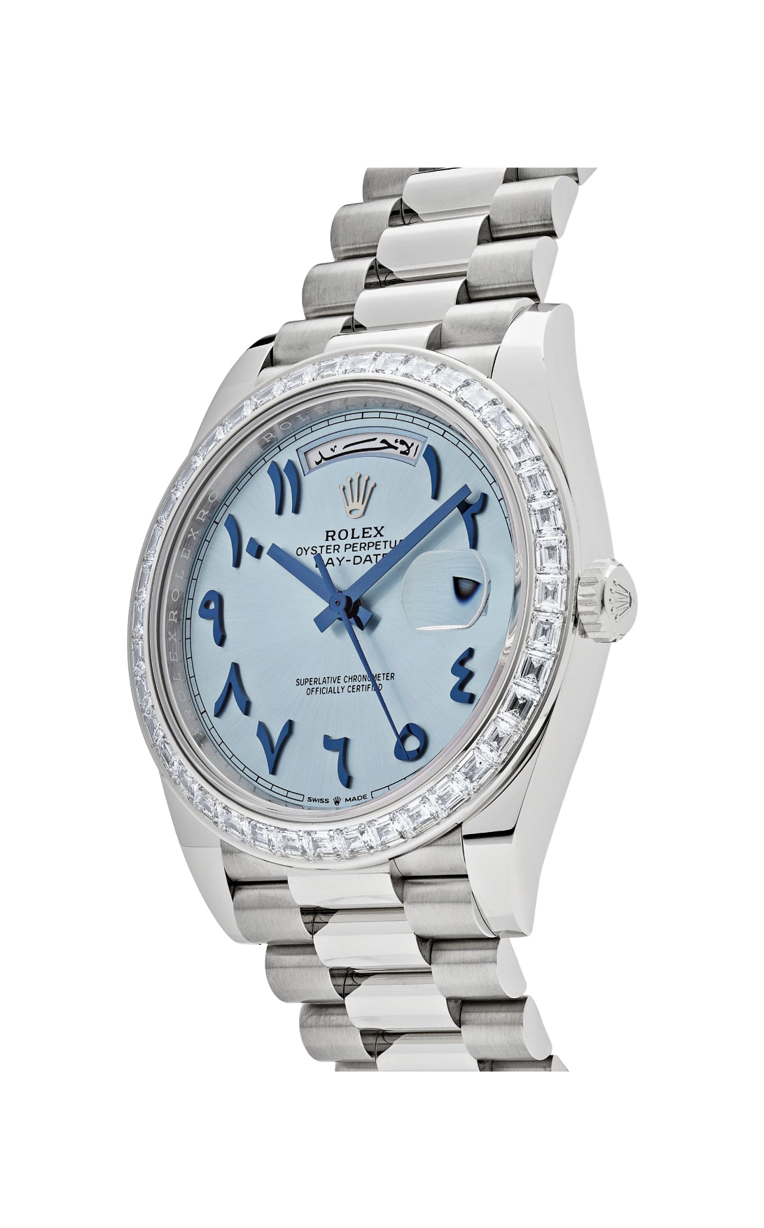 Rolex Day-Date 40 228396TBR Platinum Ice Blue Arabic Dial Diamond Bezel