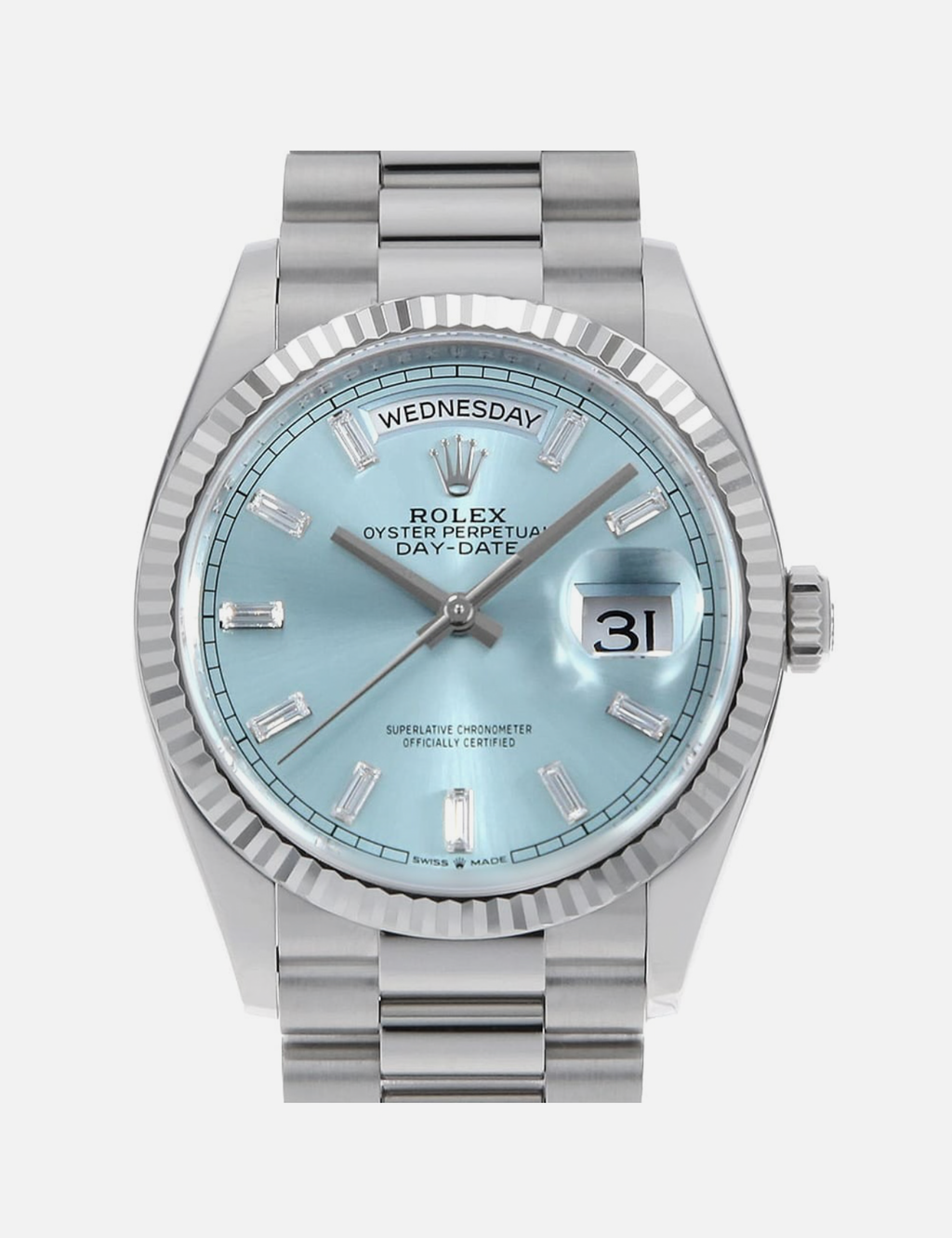 Rolex Day-Date 40 228396TBR Platinum Ice Blue Dial Baguette Bezel