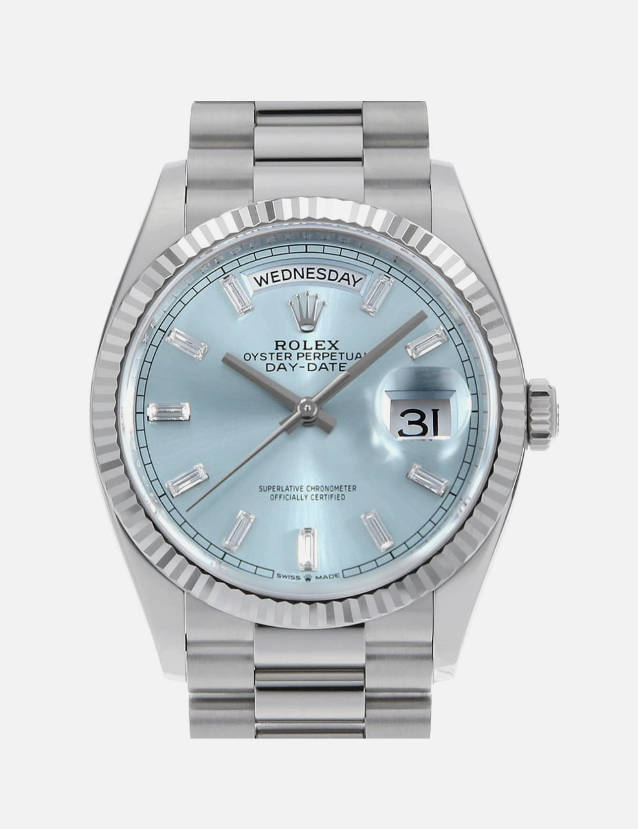Rolex Day-Date 40 228396TBR Platinum Ice Blue Dial Baguette Bezel