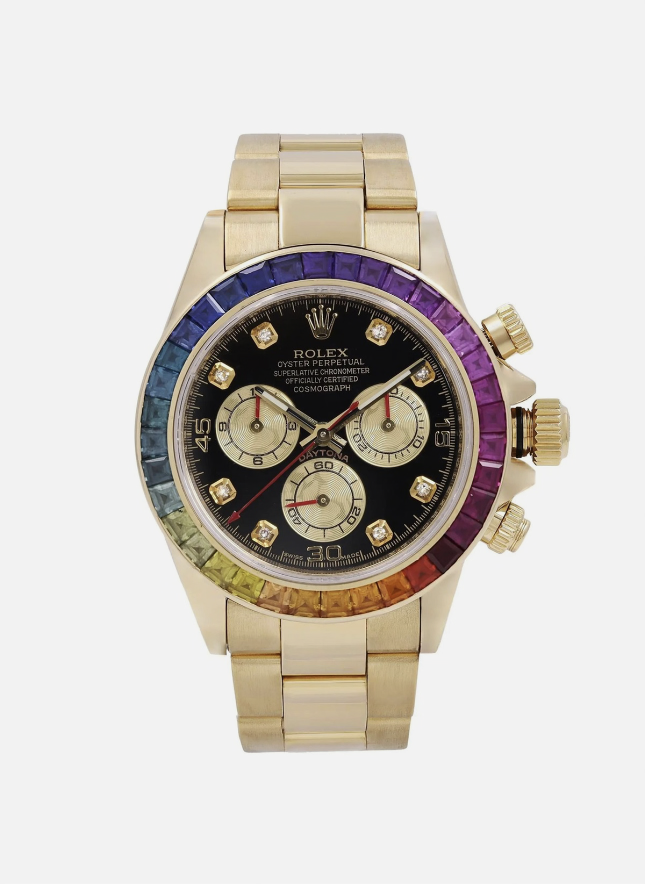 Rolex Daytona 18k Yellow Gold Rainbow Custom Bezel Black Dial 116528