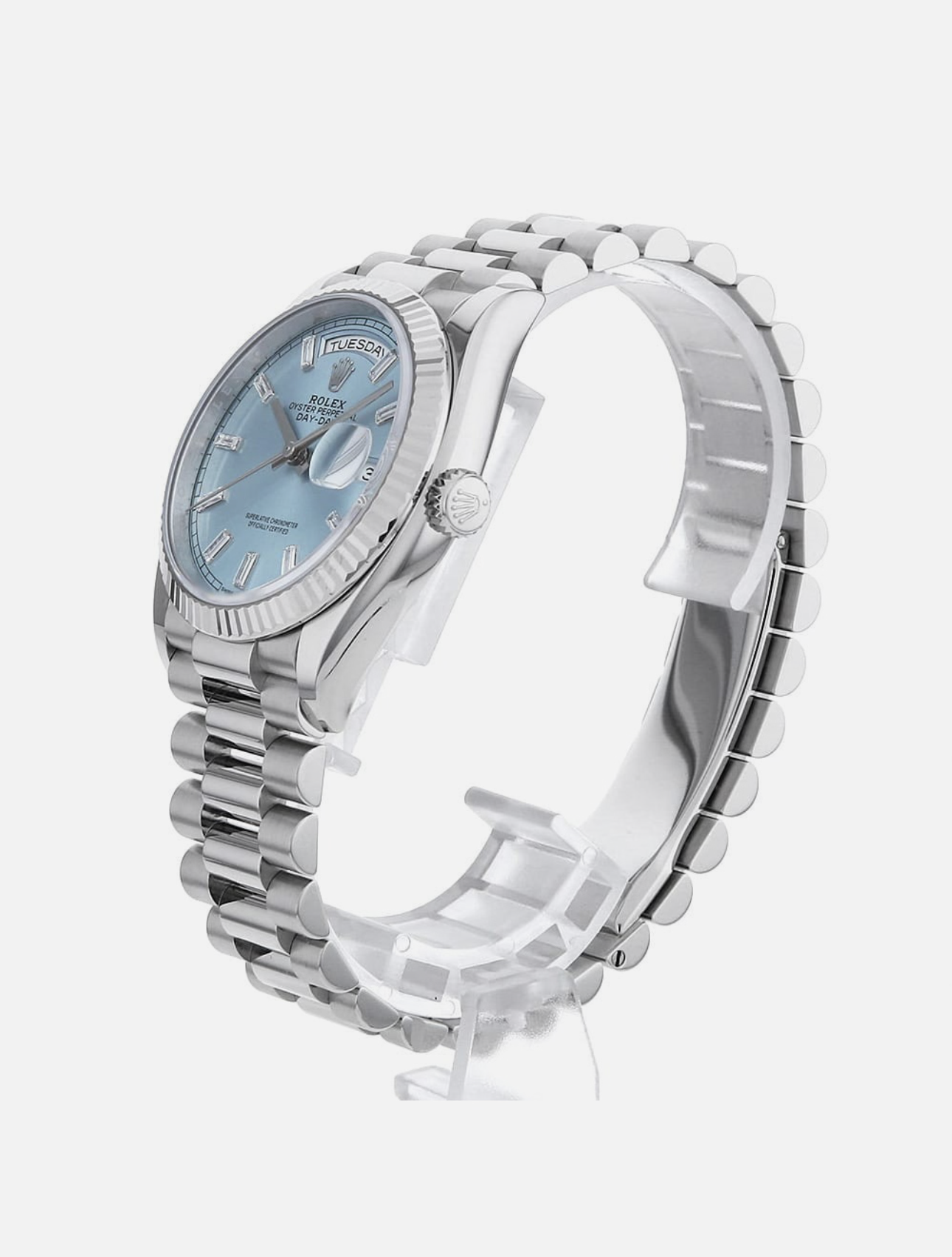 Rolex Day-Date 40 228396TBR Platinum Ice Blue Dial Baguette Bezel